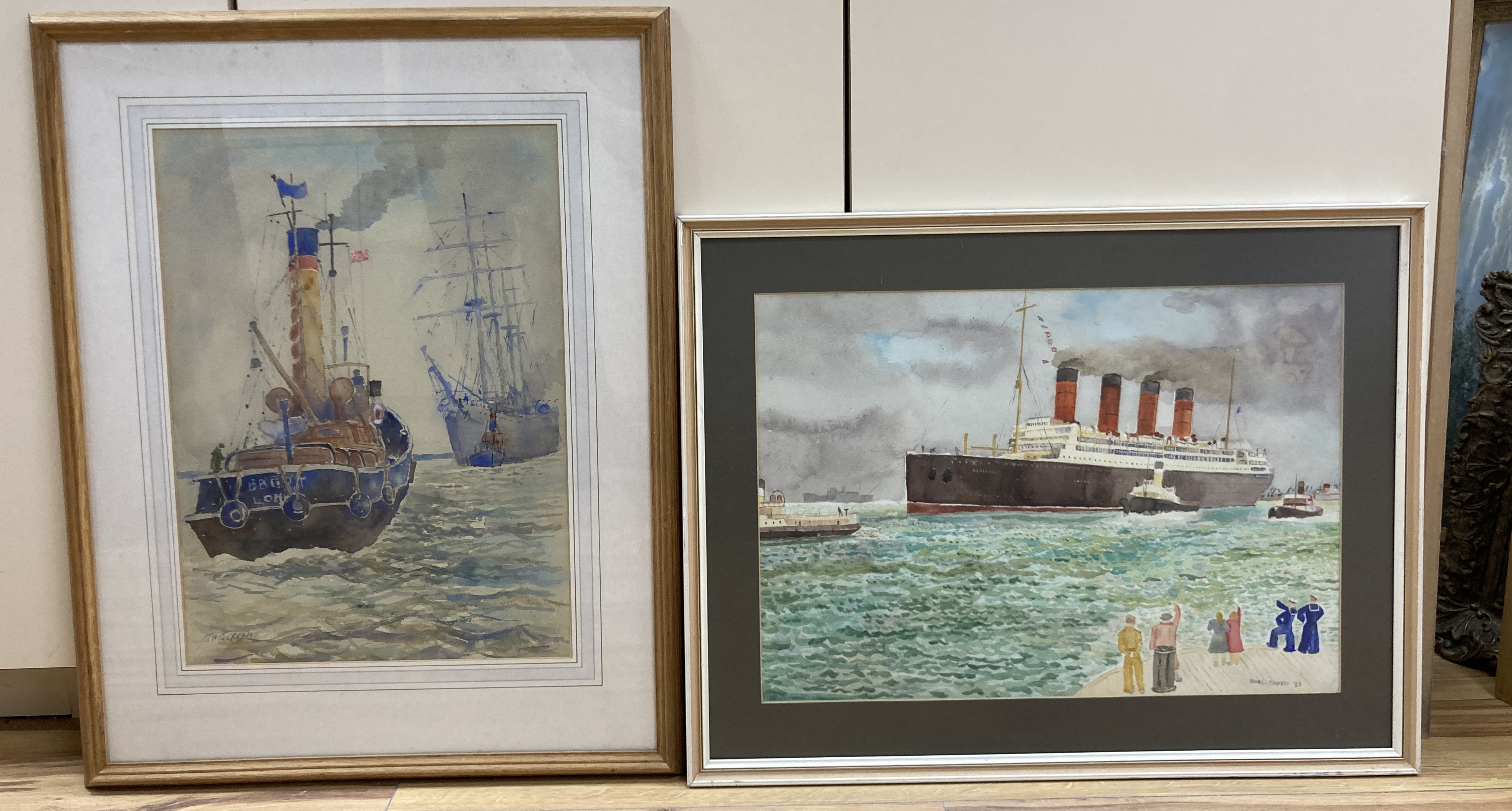 Noel Mostert, watercolour, Aquitania coming into harbour, signed and dated '87